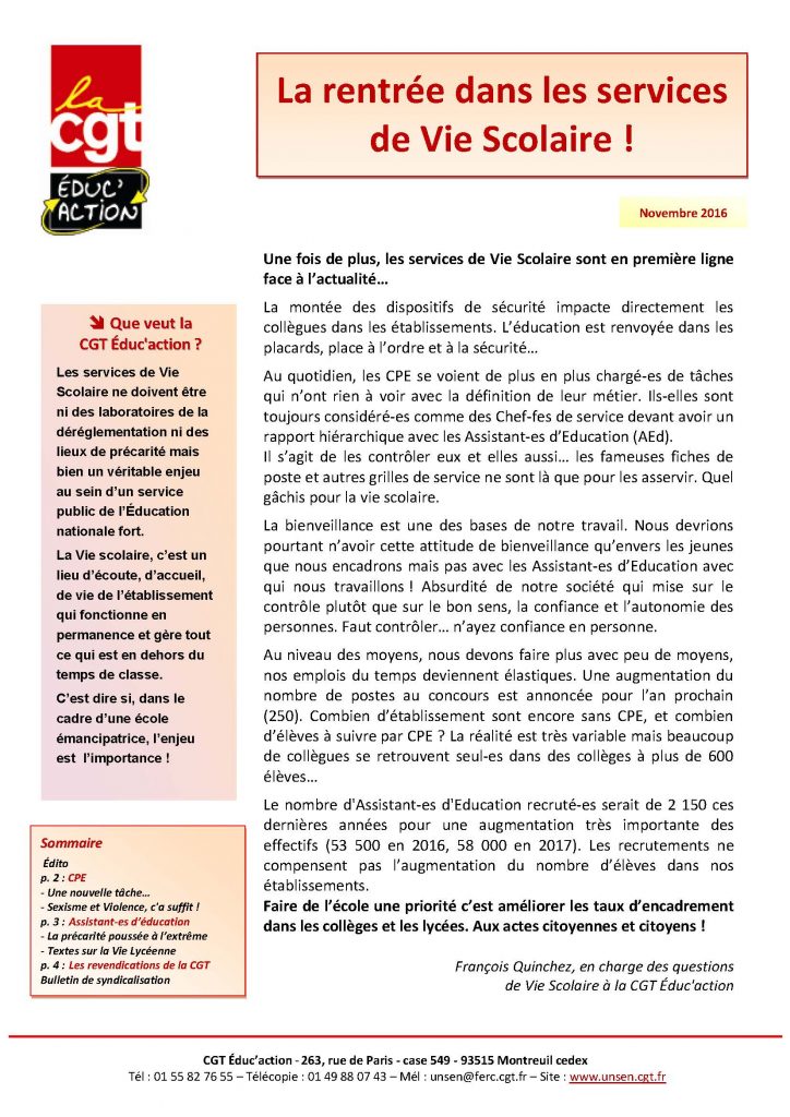 La rentrée dans les services de Vie Scolaire CPE AED  CGT Educ'Action