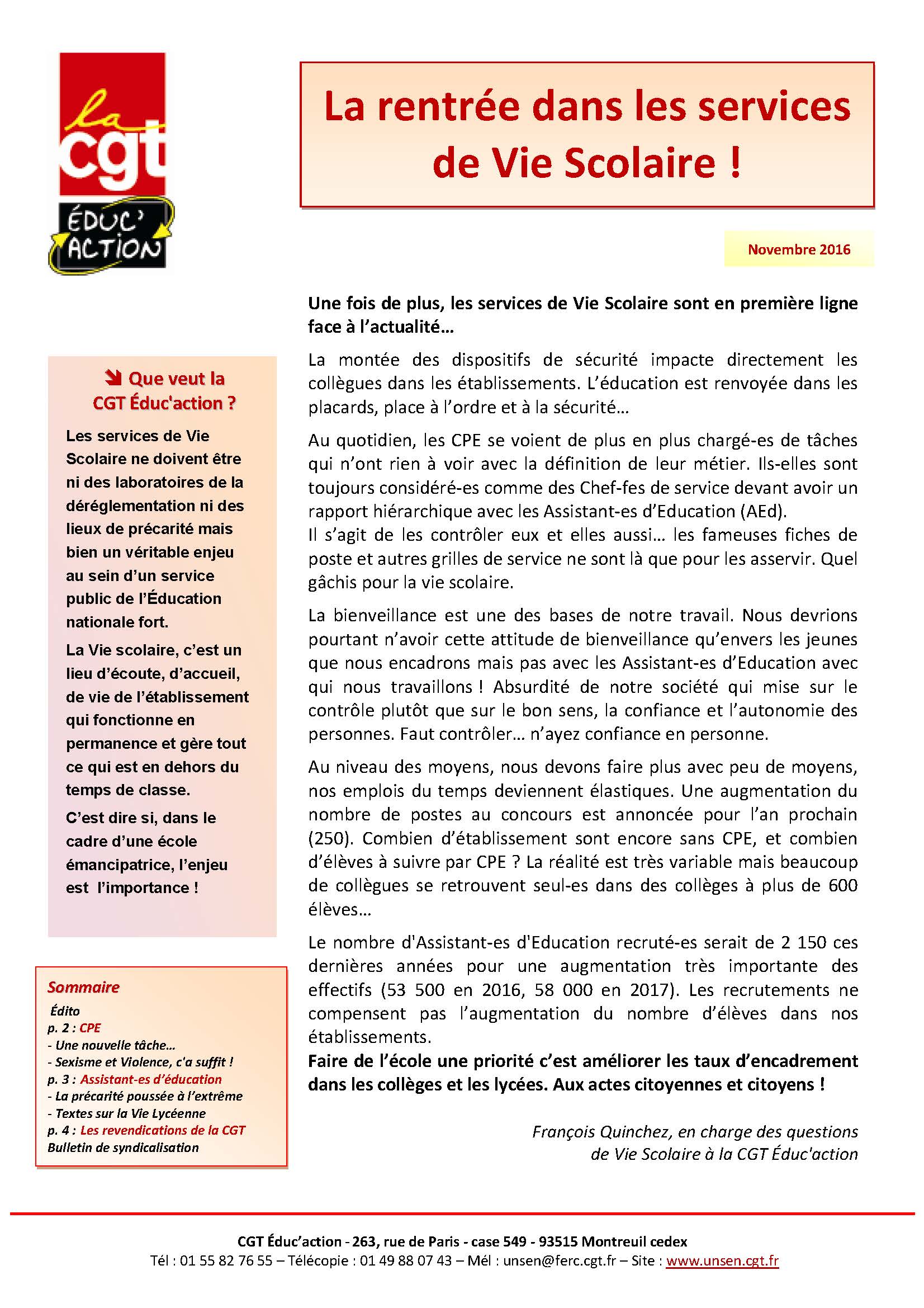 La rentrée dans les services de Vie Scolaire CPE AED  CGT Educ'Action